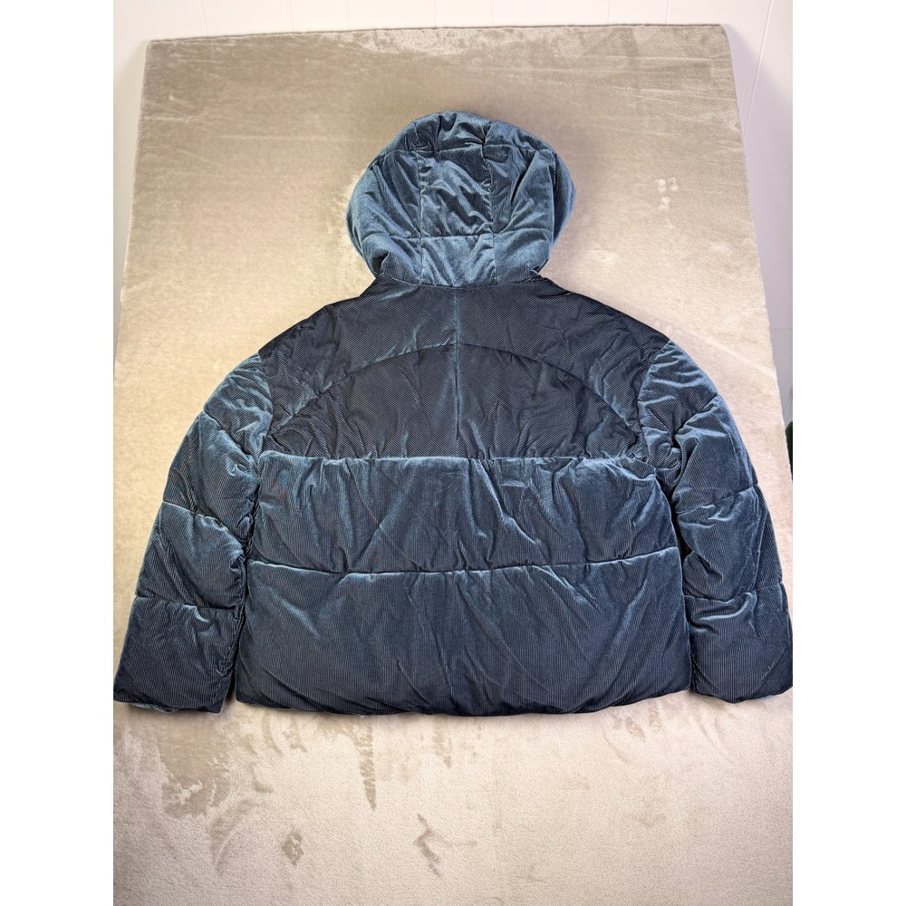 Lili Sidonio Womens Velvet Corduroy Puffer Jacket Small Blue Hooded Quilted Coat - Picture 3 of 12
